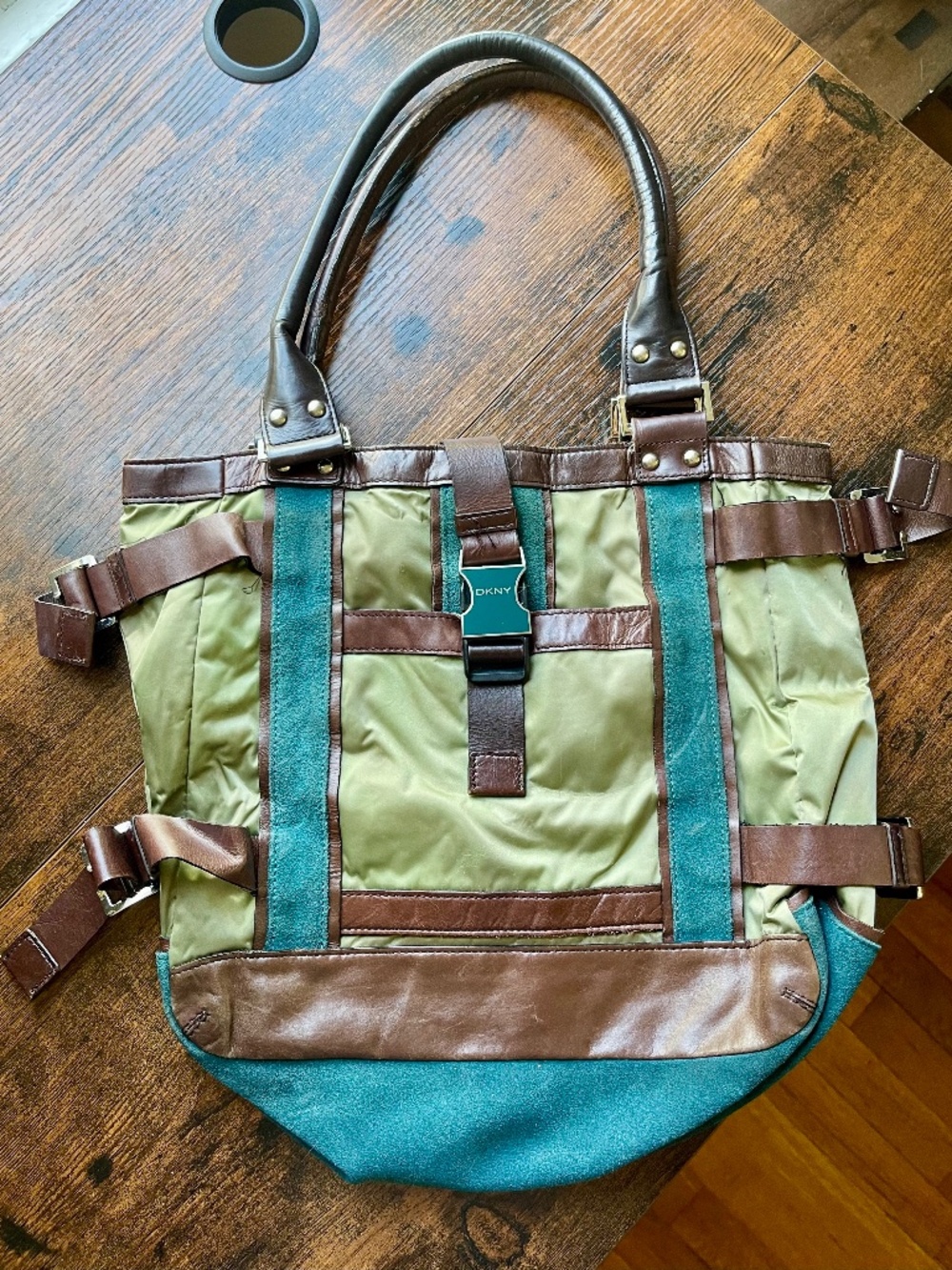 Vintage DKNY Y2K Utility Tote Bag Green Teal Brown Leather